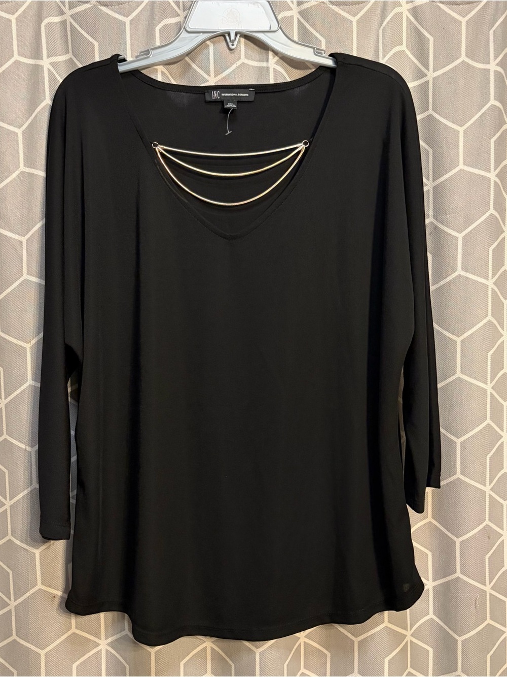 INC International Concepts Black Long-Sleeve Top with Gold Chain Accent